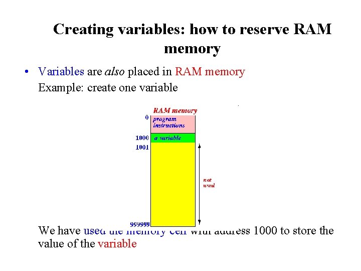 Creating variables: how to reserve RAM memory • Variables are also placed in RAM