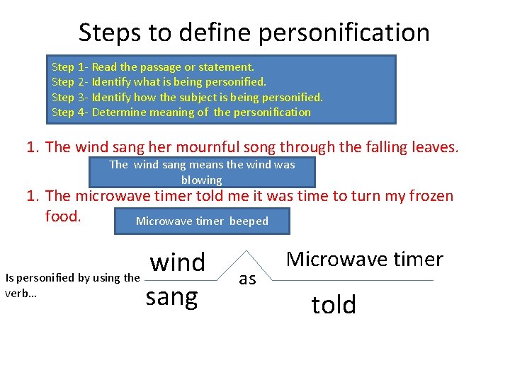 Steps to define personification Step 1 - Read the passage or statement. Step 2