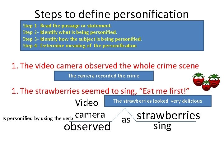 Steps to define personification Step 1 - Read the passage or statement. Step 2