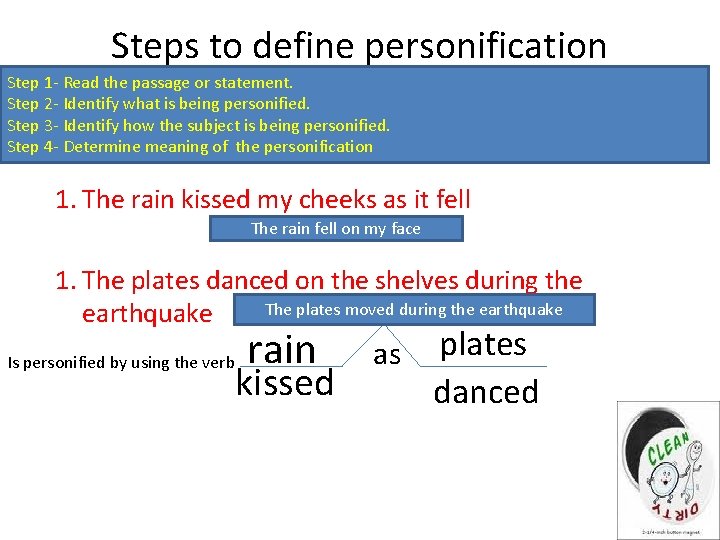 Steps to define personification Step 1 - Read the passage or statement. Step 2