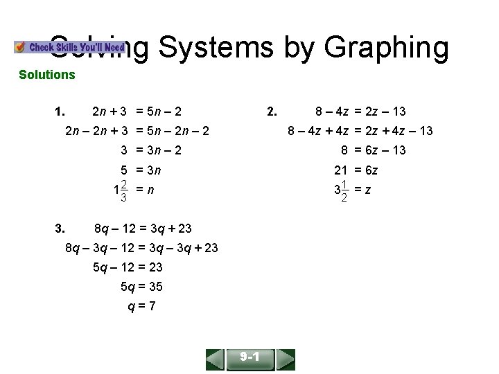 ALGEBRA 1 LESSON 9 -1 Solving Systems by Graphing Solutions 1. 2 n +