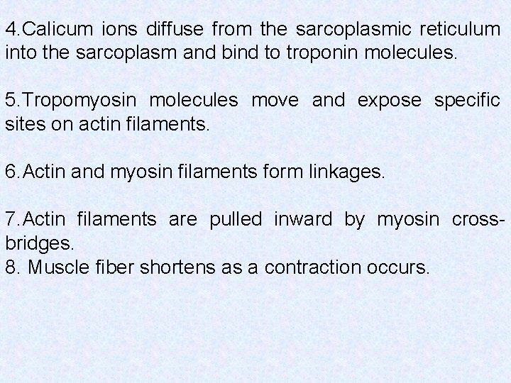 4. Calicum ions diffuse from the sarcoplasmic reticulum into the sarcoplasm and bind to