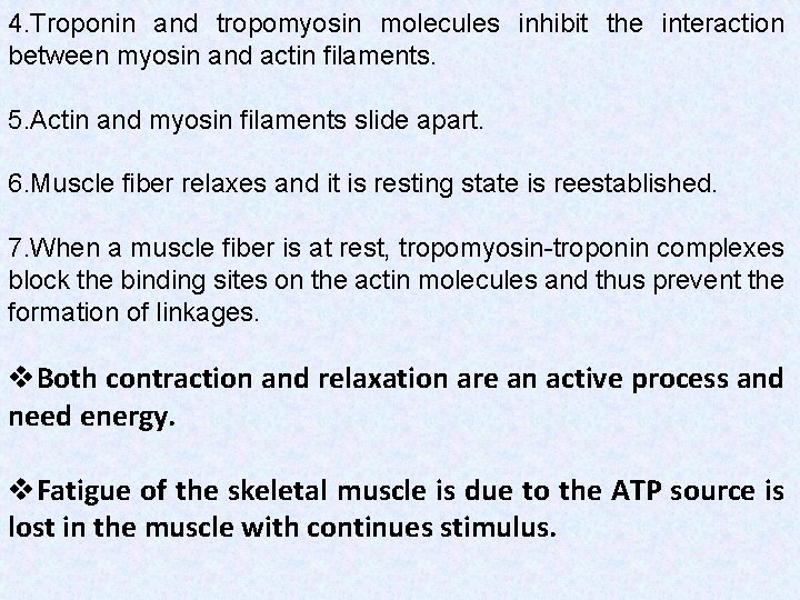4. Troponin and tropomyosin molecules inhibit the interaction between myosin and actin filaments. 5.