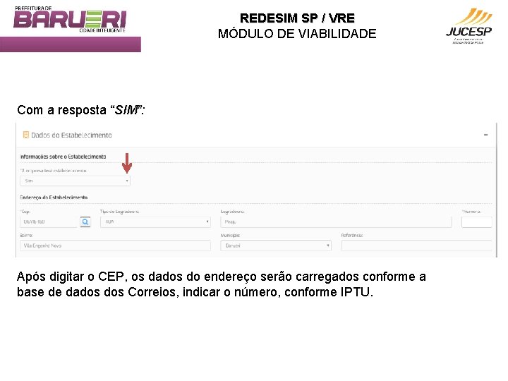 REDESIM SP / VRE MÓDULO DE VIABILIDADE Com a resposta “SIM”: SIM” Após digitar