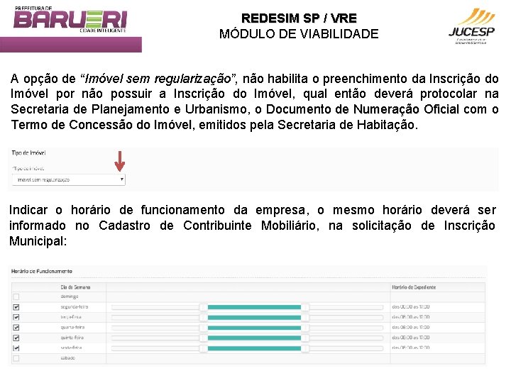 REDESIM SP / VRE MÓDULO DE VIABILIDADE A opção de “Imóvel sem regularização”, não