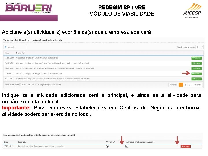 REDESIM SP / VRE MÓDULO DE VIABILIDADE Adicione a(s) atividade(s) econômica(s) que a empresa