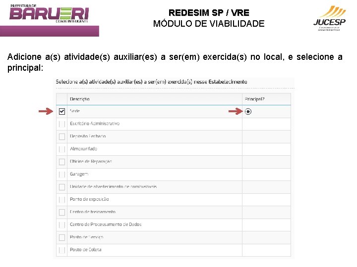 REDESIM SP / VRE MÓDULO DE VIABILIDADE Adicione a(s) atividade(s) auxiliar(es) a ser(em) exercida(s)