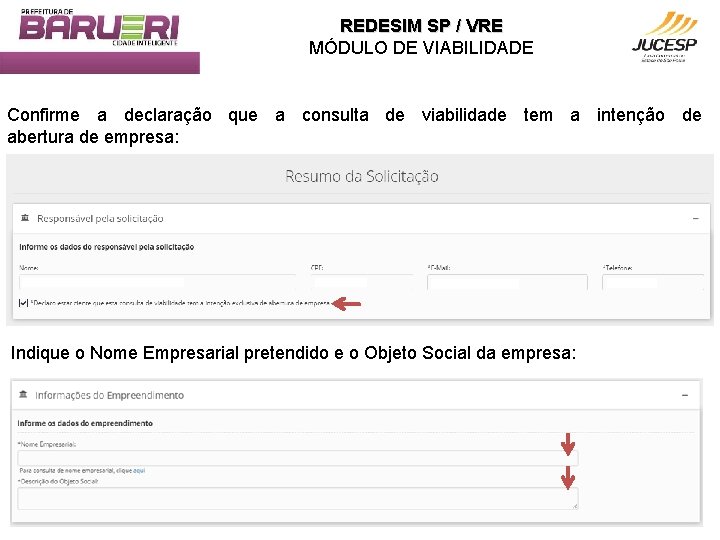 REDESIM SP / VRE MÓDULO DE VIABILIDADE Confirme a declaração que a consulta de