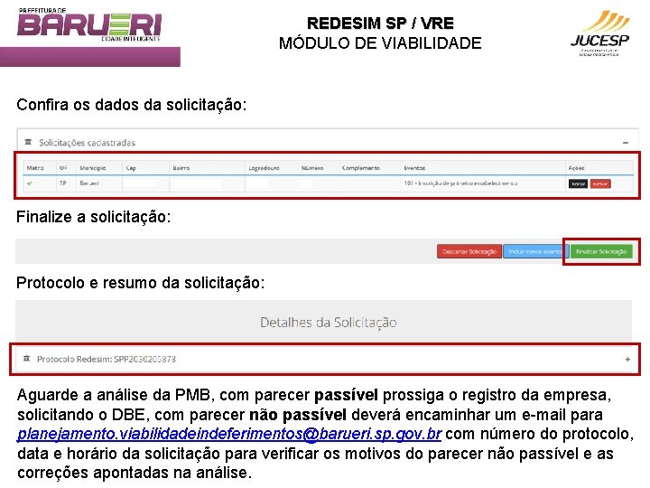 REDESIM SP / VRE MÓDULO DE VIABILIDADE Confira os dados da solicitação: Finalize a