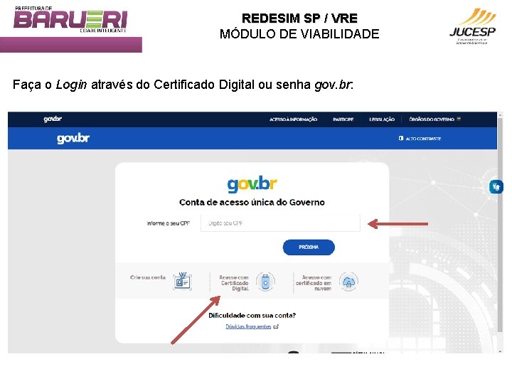 REDESIM SP / VRE MÓDULO DE VIABILIDADE Faça o Login através do Certificado Digital