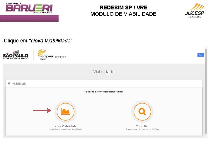 REDESIM SP / VRE MÓDULO DE VIABILIDADE Clique em “Nova Viabilidade”: 