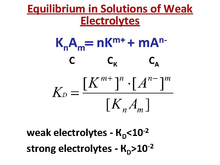Equilibrium in Solutions of Weak Electrolytes K n A m С m+ n. K