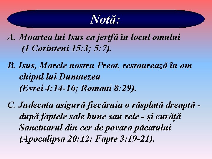 Notă: A. Moartea lui Isus ca jertfă în locul omului (1 Corinteni 15: 3;