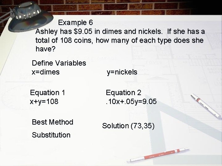 Example 6 Ashley has $9. 05 in dimes and nickels. If she has a