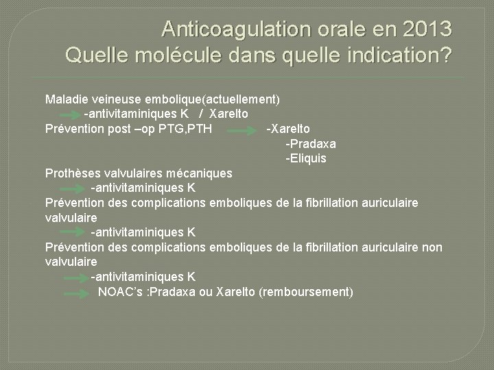 Anticoagulation orale en 2013 Quelle molécule dans quelle indication? Maladie veineuse embolique(actuellement) -antivitaminiques K