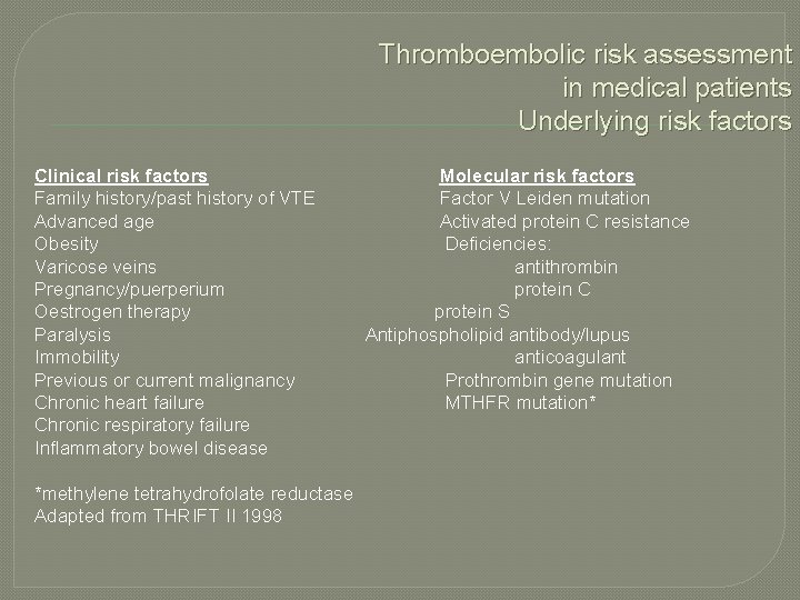 Thromboembolic risk assessment in medical patients Underlying risk factors Clinical risk factors Family history/past