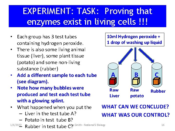 EXPERIMENT: TASK: Proving that enzymes exist in living cells !!! 10 ml Hydrogen peroxide