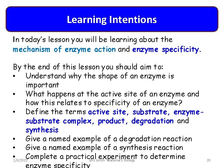 Learning Intentions In today’s lesson you will be learning about the mechanism of enzyme