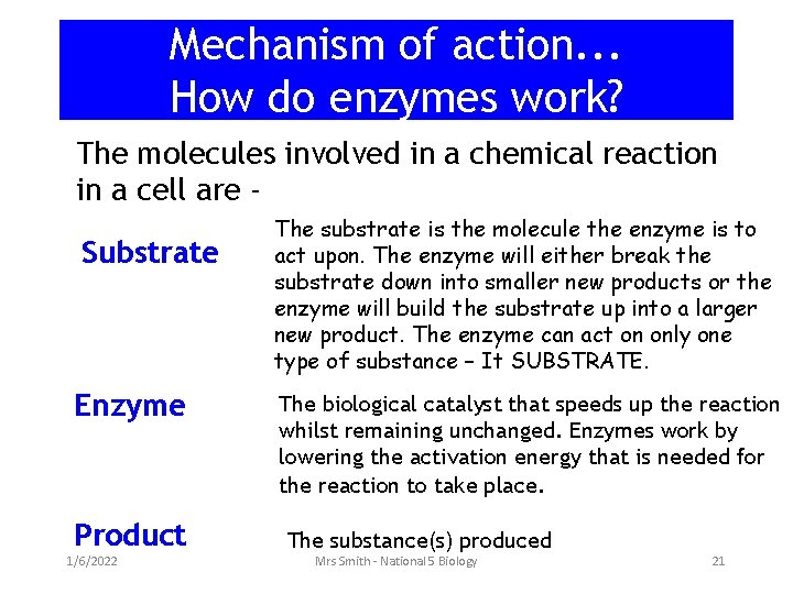 Mechanism of action. . . How do enzymes work? The molecules involved in a