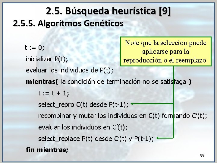 2. 5. Búsqueda heurística [9] 2. 5. 5. Algoritmos Genéticos t : = 0;