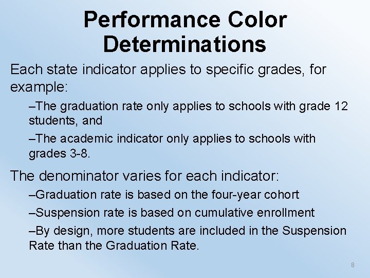 Performance Color Determinations Each state indicator applies to specific grades, for example: –The graduation