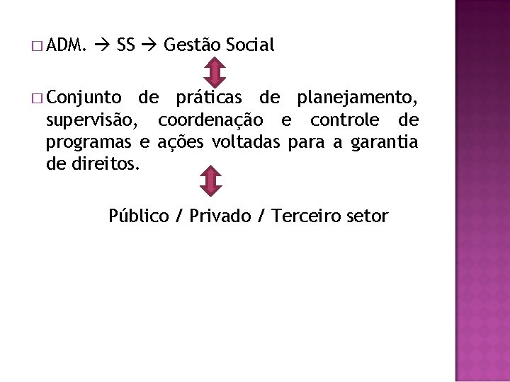 � ADM. SS Gestão Social � Conjunto de práticas de planejamento, supervisão, coordenação e