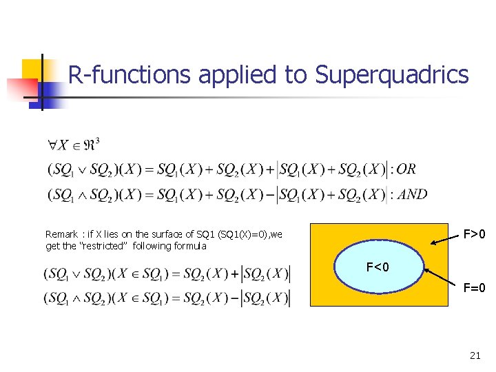 R-functions applied to Superquadrics F>0 Remark : if X lies on the surface of