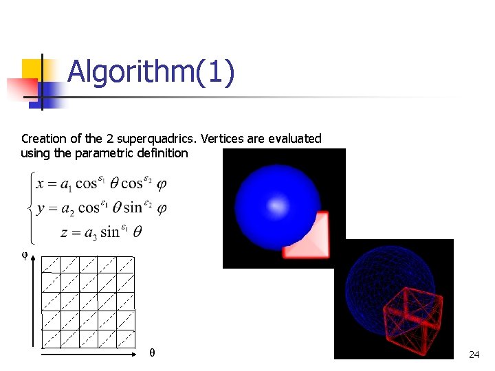 Algorithm(1) Creation of the 2 superquadrics. Vertices are evaluated using the parametric definition φ
