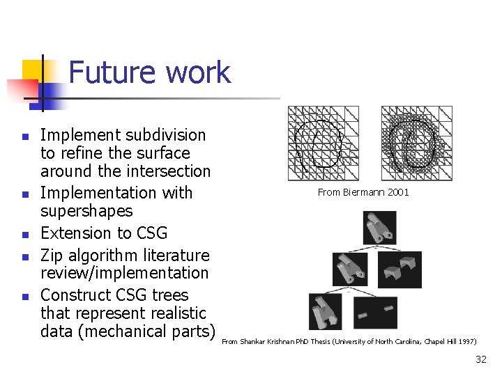 Future work n n n Implement subdivision to refine the surface around the intersection