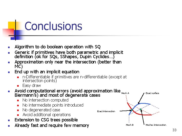 Conclusions n n Algorithm to do boolean operation with SQ Generic if primitives have