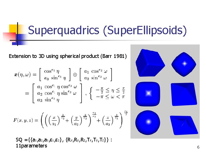Superquadrics (Super. Ellipsoids) Extension to 3 D using spherical product (Barr 1981) SQ ={{a