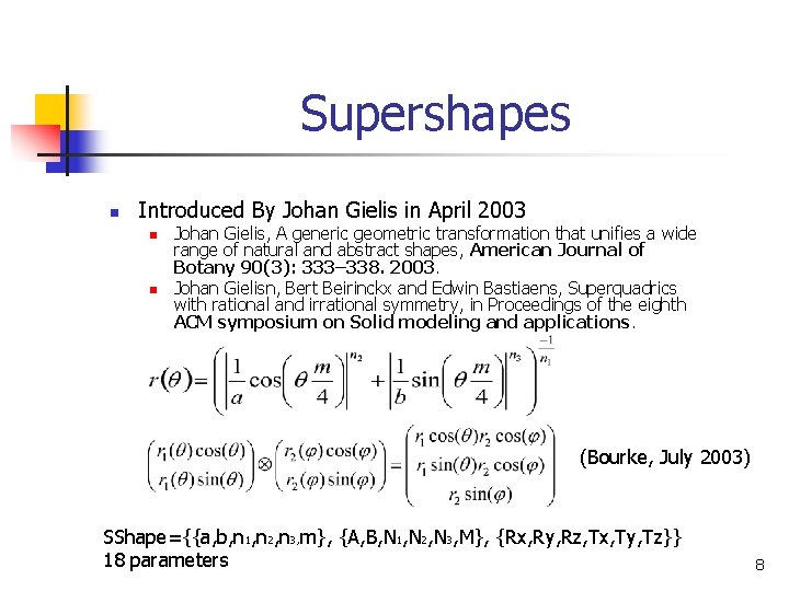 Supershapes n Introduced By Johan Gielis in April 2003 n n Johan Gielis, A