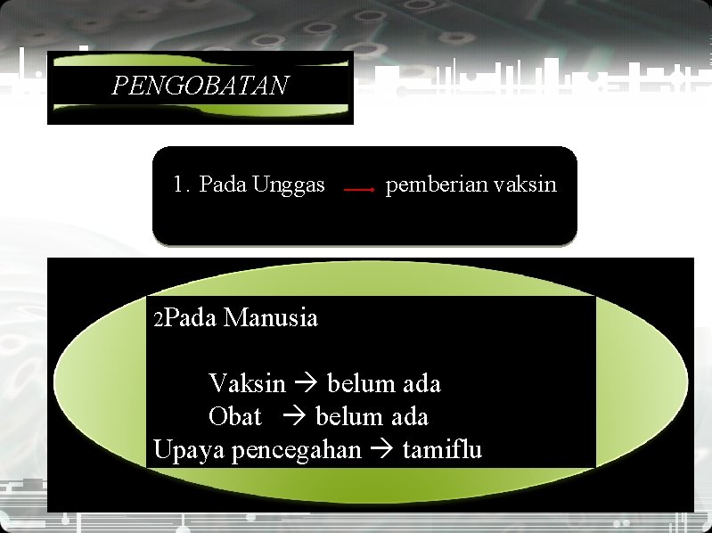 PENGOBATAN 1. Pada Unggas 2 Pada pemberian vaksin Manusia Vaksin belum ada Obat belum