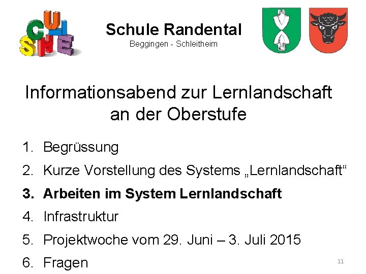 Schule Randental Beggingen - Schleitheim Informationsabend zur Lernlandschaft an der Oberstufe 1. Begrüssung 2.