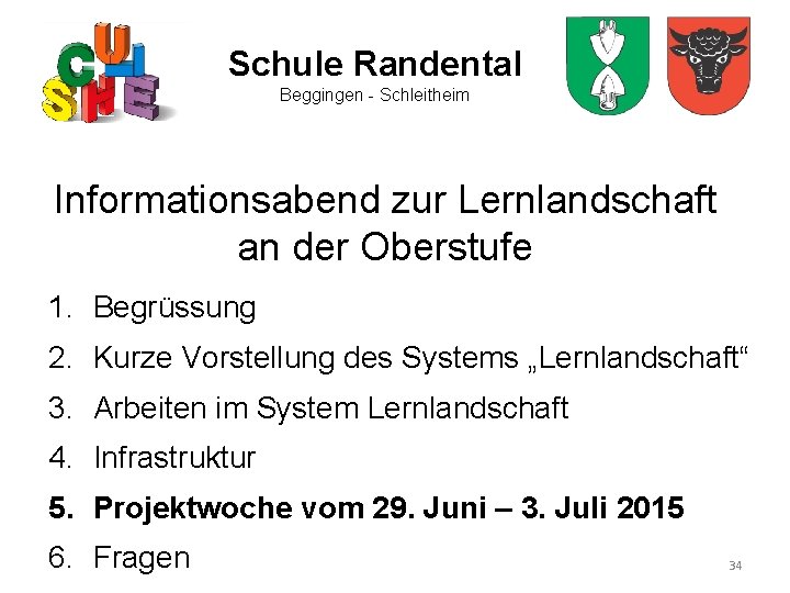 Schule Randental Beggingen - Schleitheim Informationsabend zur Lernlandschaft an der Oberstufe 1. Begrüssung 2.