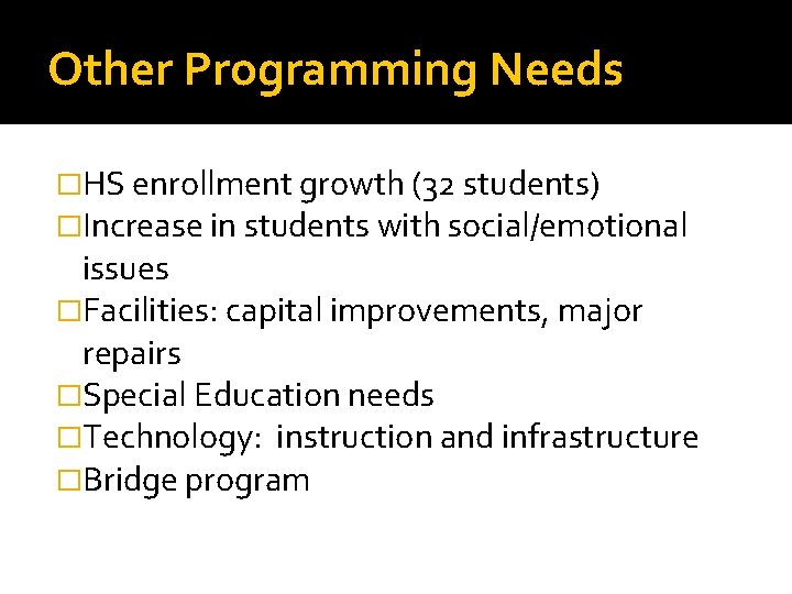 Other Programming Needs �HS enrollment growth (32 students) �Increase in students with social/emotional issues