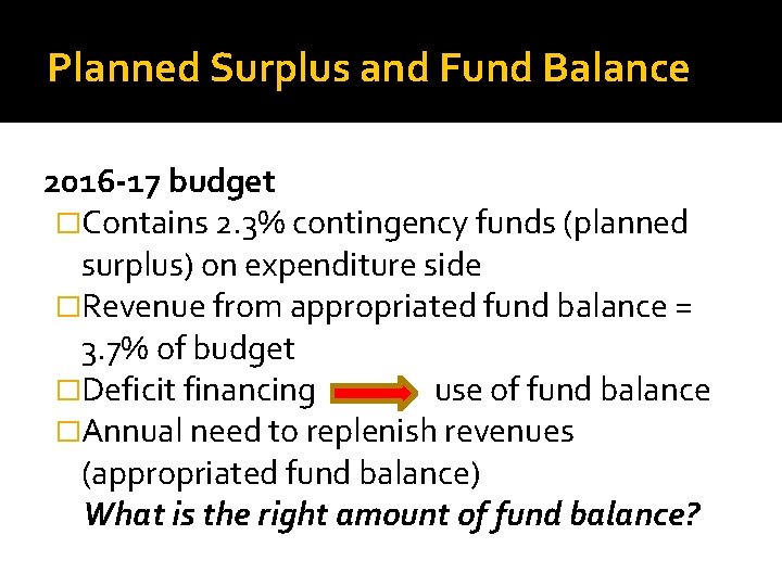 Planned Surplus and Fund Balance 2016 -17 budget �Contains 2. 3% contingency funds (planned
