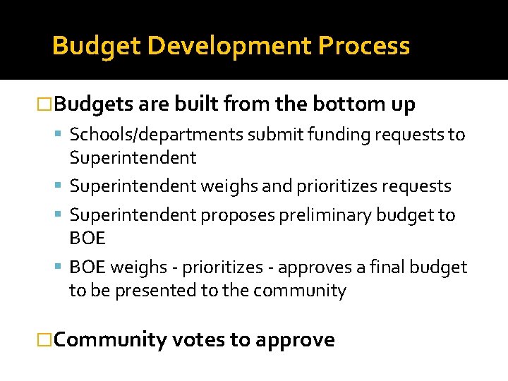 Budget Development Process �Budgets are built from the bottom up Schools/departments submit funding requests