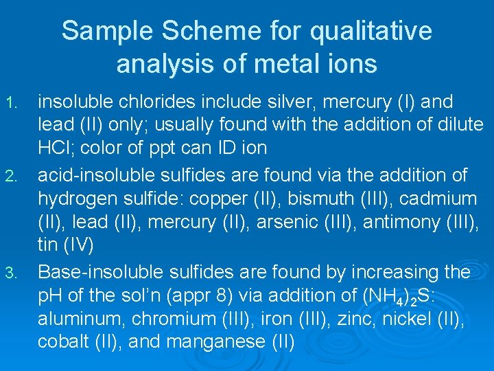 Sample Scheme for qualitative analysis of metal ions insoluble chlorides include silver, mercury (I)