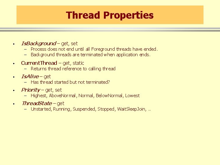 Thread Properties · Is. Background – get, set · Current. Thread – get, static