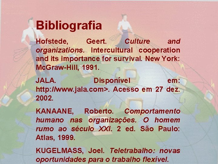 Bibliografia Hofstede, Geert. Culture and organizations. Intercultural cooperation and its importance for survival. New