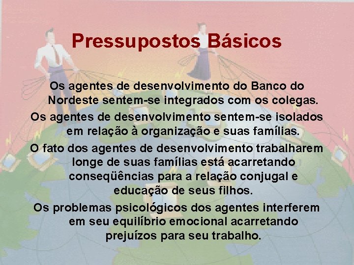 Pressupostos Básicos Os agentes de desenvolvimento do Banco do Nordeste sentem-se integrados com os