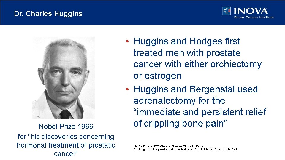 Dr. Charles Huggins Nobel Prize 1966 for “his discoveries concerning hormonal treatment of prostatic