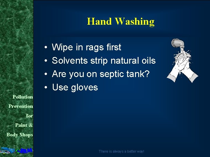 Hand Washing • • Wipe in rags first Solvents strip natural oils Are you