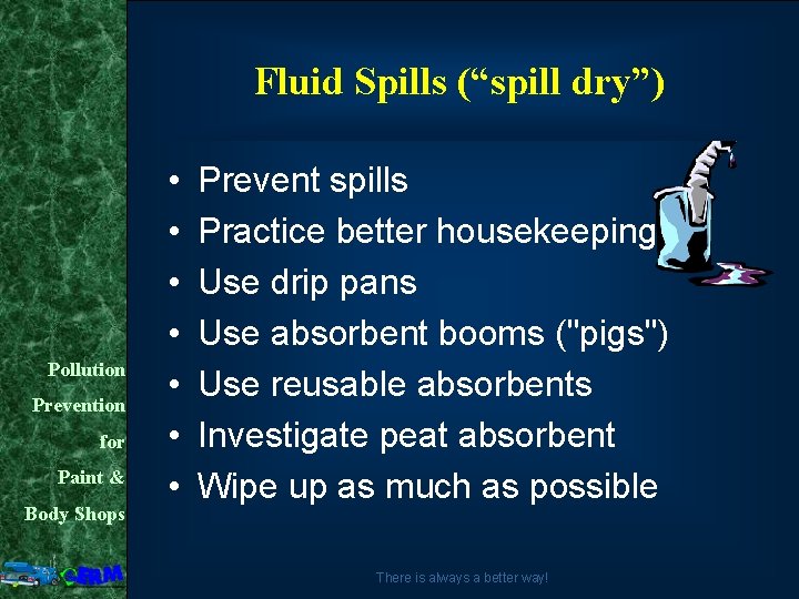 Fluid Spills (“spill dry”) Pollution Prevention for Paint & Body Shops • • Prevent