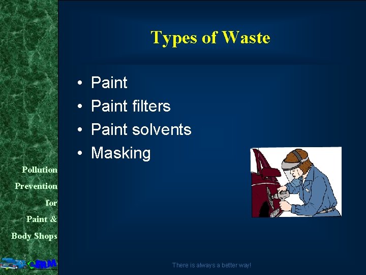 Types of Waste • • Paint filters Paint solvents Masking Pollution Prevention for Paint