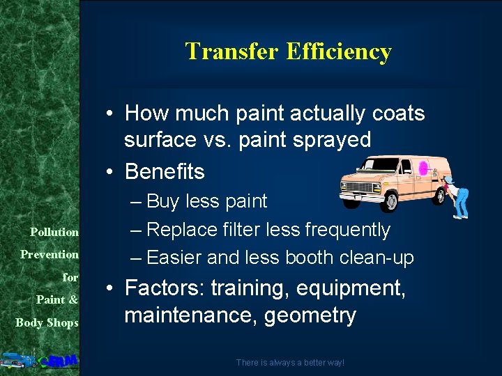 Transfer Efficiency • How much paint actually coats surface vs. paint sprayed • Benefits