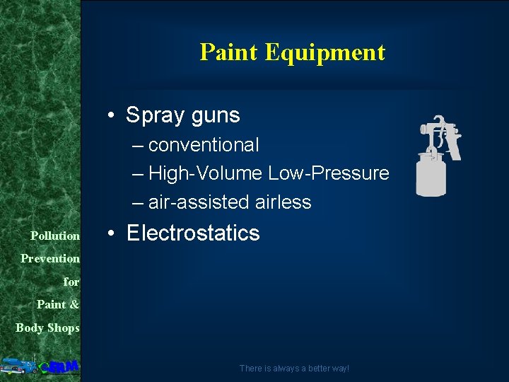 Paint Equipment • Spray guns – conventional – High-Volume Low-Pressure – air-assisted airless Pollution