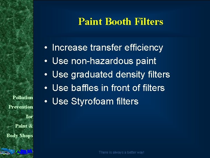 Paint Booth Filters Pollution Prevention • • • Increase transfer efficiency Use non-hazardous paint