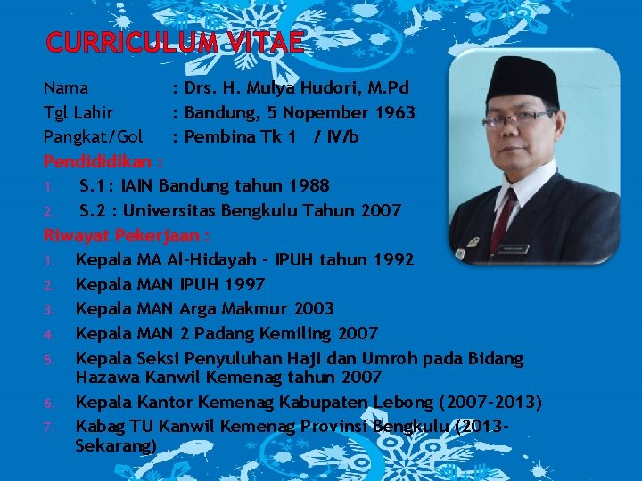 CURRICULUM VITAE Nama : Drs. H. Mulya Hudori, M. Pd Tgl Lahir : Bandung,